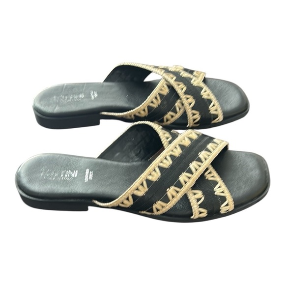 Lottini Made in Italy Leather Black Beige CrissCross Rafia Trim Leather Sandals - Picture 1 of 17